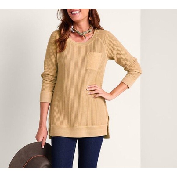 Soft Surroundings Womens L Tan Autumn Waffle Knit Tunic Top Thermal Pocket Boho - Picture 4 of 12